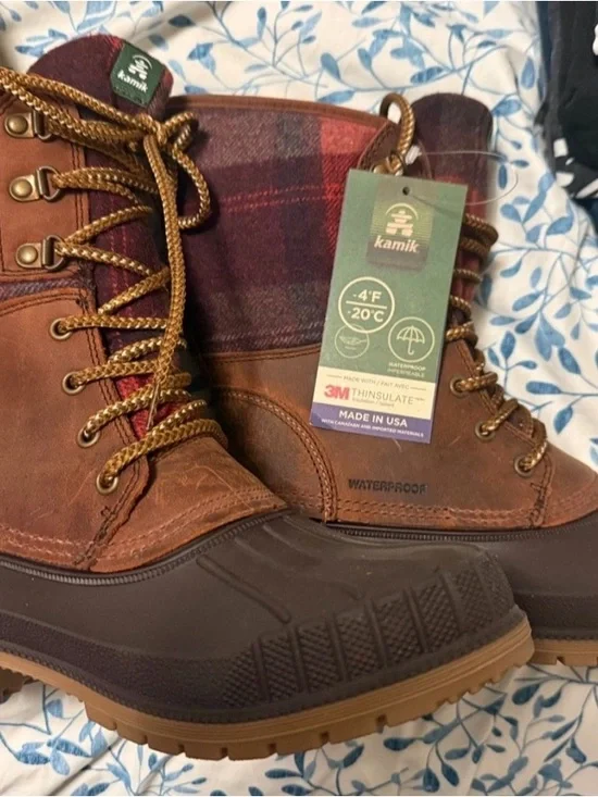 Kamik Brown & Burgundy Plaid Waterproof Winter Boots