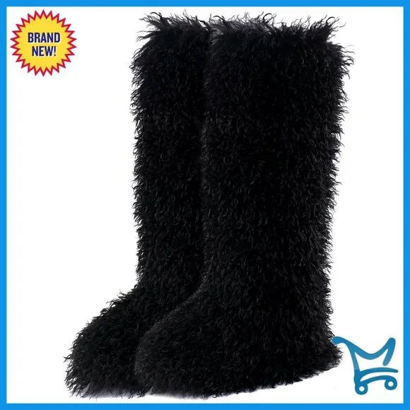 Faux Fur Tall Winter Boots, Mid-Calf Snow Boots, Pull-On Fuzzy Boots