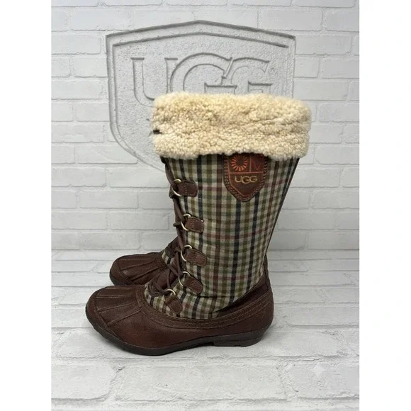 UGG Australia Adirondack Tall Plaid Snow Boots Brown Leather Sheepskin   10