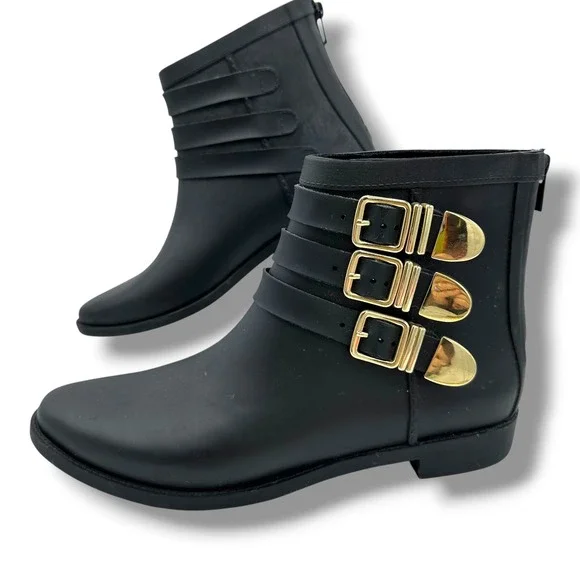 Loeffler Randall Fenton Black Rubber Triple Buckle Rain Boot Gold Hardware Ankle
