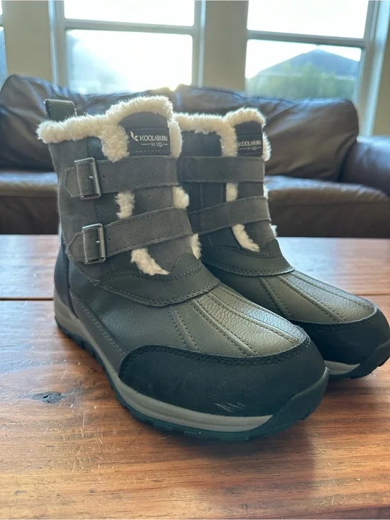 Koolaburra Gray and Black Faux Fur Winter Boots with Buckle Straps