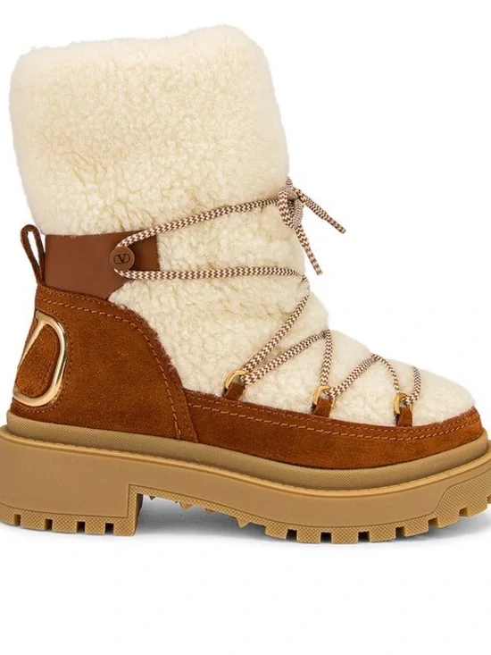 Valentino Garavani Tan Suede and Cream Shearling Lace-Up Boot