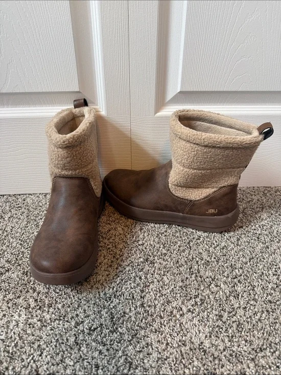 JBU Brown and Cream Sherpa-Trim Mid-Calf Winter Boots