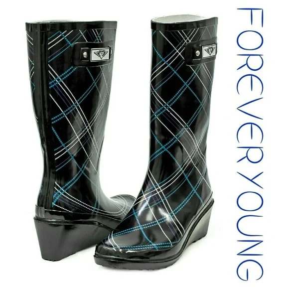 Women's Rainboots, Tall Wedge Rain Boots, #3100, Blue Plaid