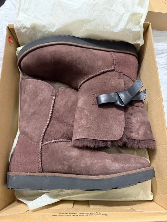 UGG Chocolate Brown Suede Mid-Calf Boots with Bow