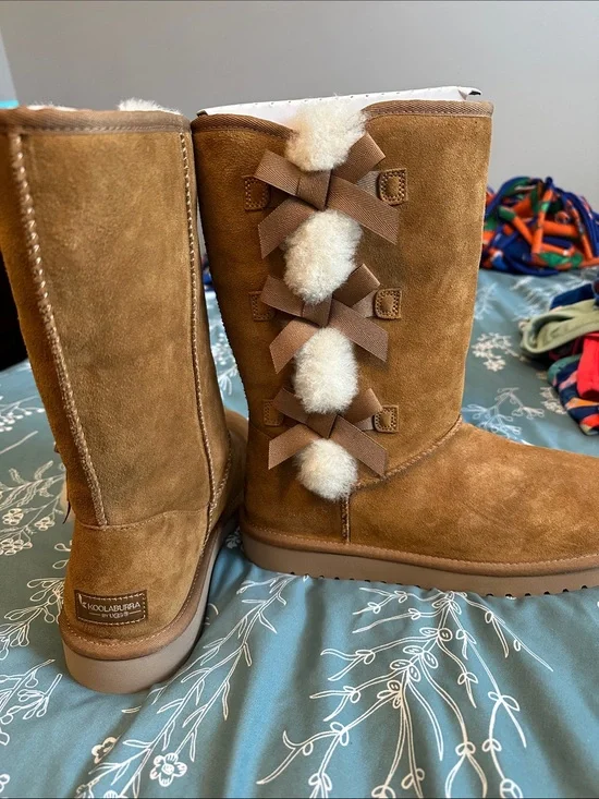 Koolaburra Chestnut Suede Pom-Pom Bow Winter Boots