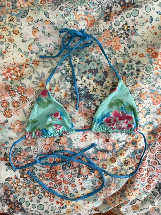 Frankie's Bikinis Aqua Blue Floral Triangle Bikini Top