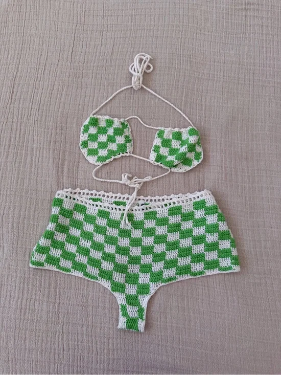 Frankie's Bikinis Green and White Crochet Check Bikini Set