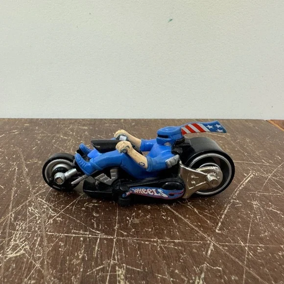 Vintage 2004 Hot Wheels Motorcycle‎ Figurine Statue Blue Rider USA Flag