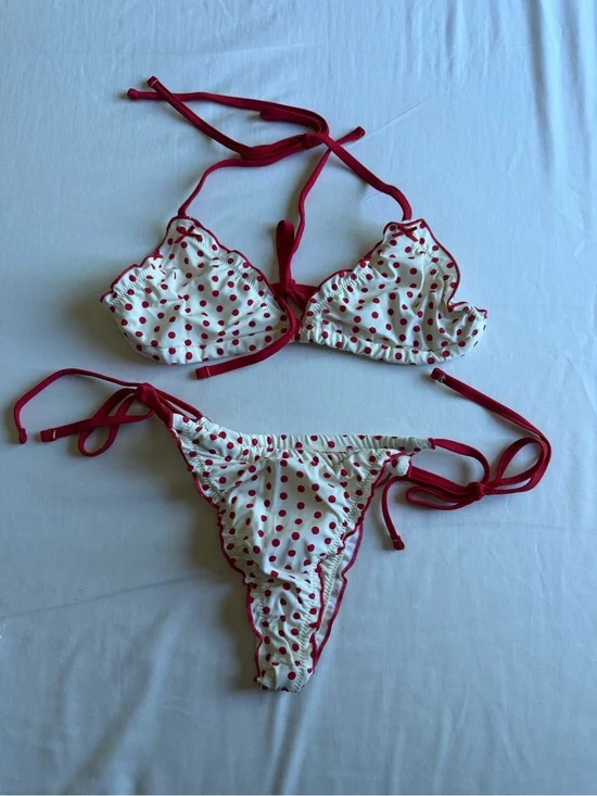 Frankie's Bikinis White with Red Polka Dot Ruffle Triangle Bikini