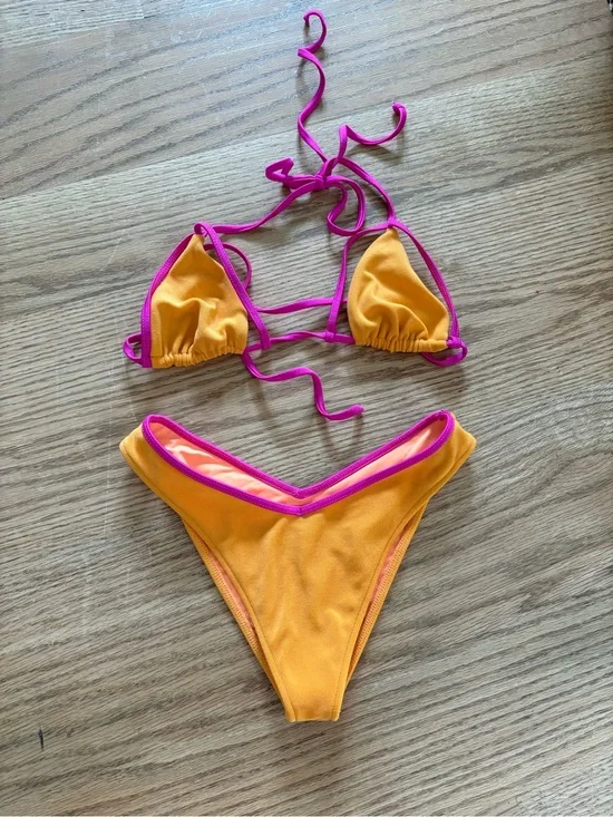 Frankie's Bikinis Orange Triangle Bikini with Pink Trim