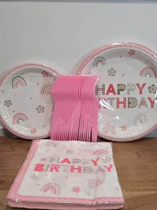 Happy Birthday Pink Boho Rainbow Party Paper Plates, Napkins & Cutlery Set 96pc.