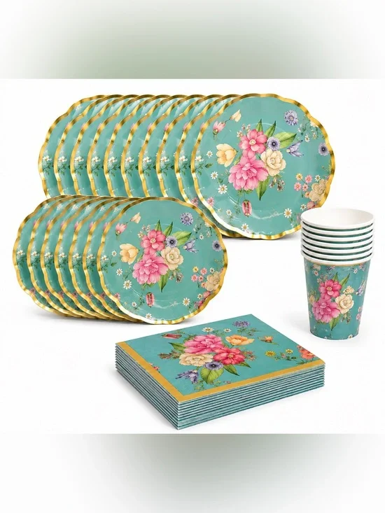 Vintage Floral Party Supplies Set for 8 – Plates, Cups & Napkins