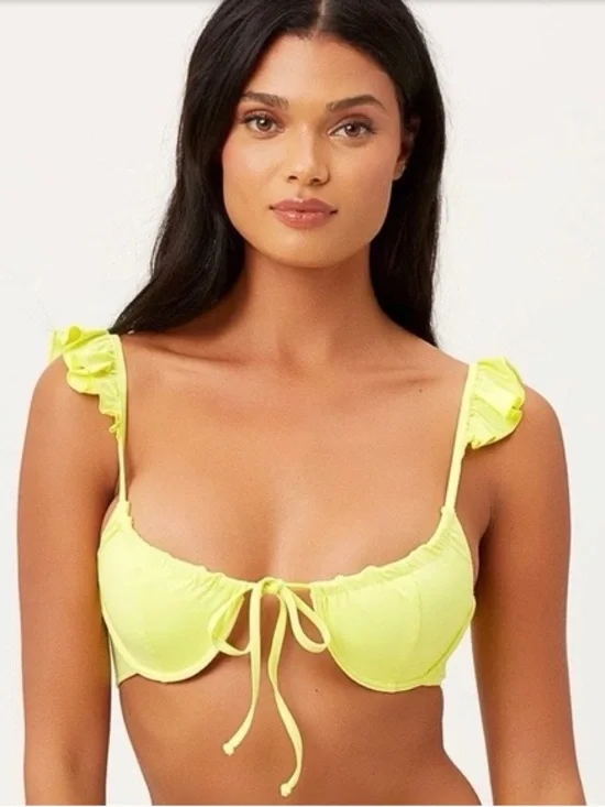 New! Frankies Bikinis Birdie Yellow Ruffle Underwire Swim Top Medium 9360