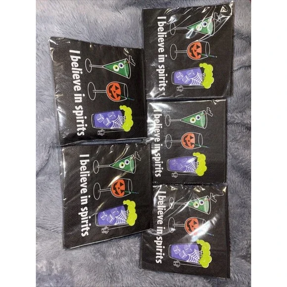 Lot 5 New Halloween Paper Napkins 2 Ply 20/pk “I Believe In Spirits” Cocktail
