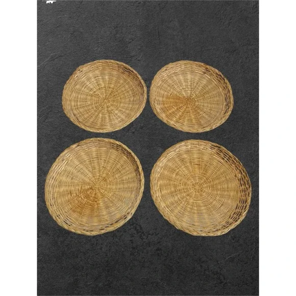 Vintage Wicker Paper Plate Holders Set of 4 Tan Woven Rattan Decor