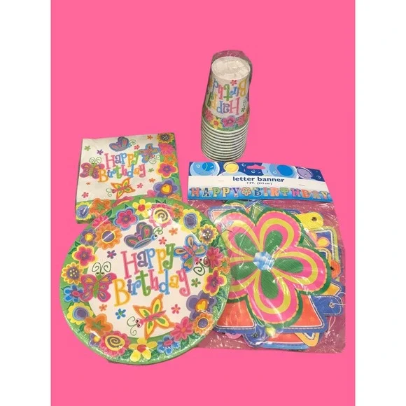 51 Pc Butterfly Birthday Flower Party Plates Napkins‎ Cups 7 ft Banner Tableware