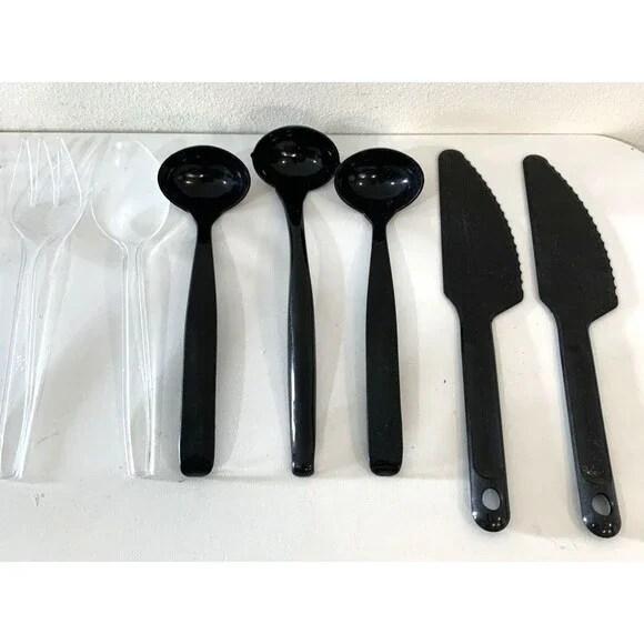 Black Plastic Picnic Serving Utensils Set of 3 Scoops, 2 Slicers 1 Ea Spoon/ForK