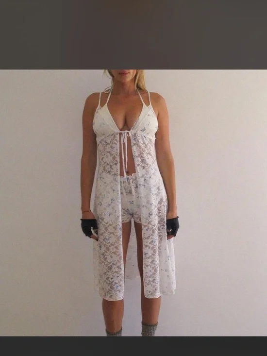 Frankie’s bikinis Lucinda lace midi slip + shorts cover up set