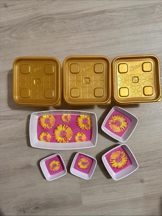 Gold-Lid Party Serving Bowl Set with Pink Floral Trays