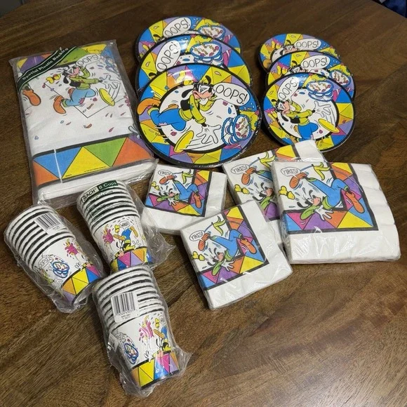 Vintage Disney Goofy Party Supplies Cups Napkins Tablecloth Sealed