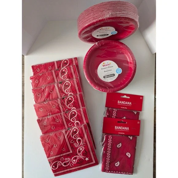 Western Red Bandana Party Supplies Set Plates Napkins Bandanas Cowboy Theme 198p