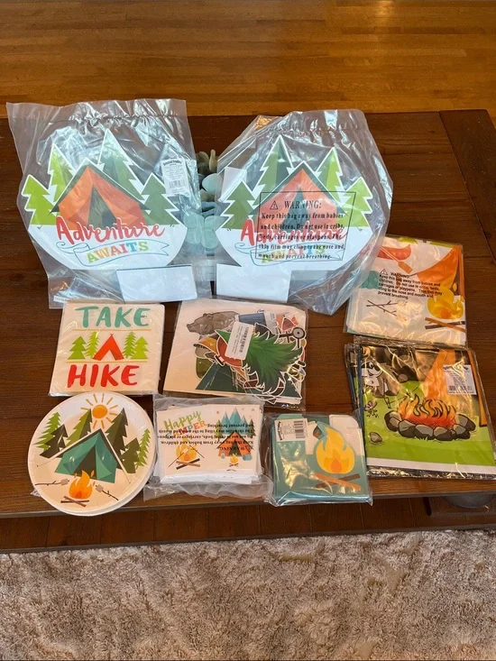 NWT Camping Party Disposable Tableware Set - Green/Orange Adventure Theme