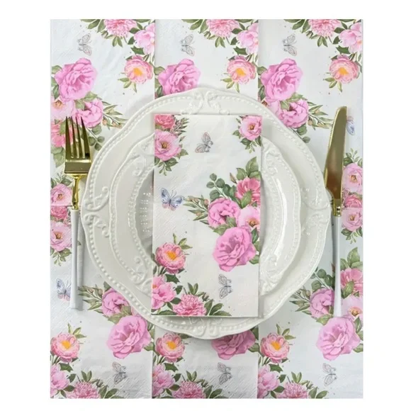 Spring Pink Flower & Butterflies Shower Paper Guest Towel Dinner Napkins, 20 ct
