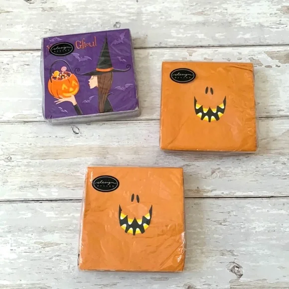 Halloween Napkins Bundle Packs Set of 3 Orange Jack o Lantern Purple Witches