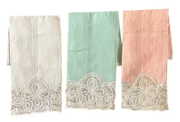 Antique Set of 3 Tape Lace Dinner Napkins Cotton Pastel Green Pink White 17