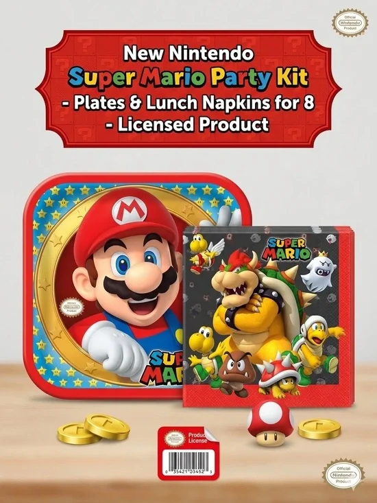 Nintendo Super Mario Party Kit - Red, Blue, Gold Plates & Napkins