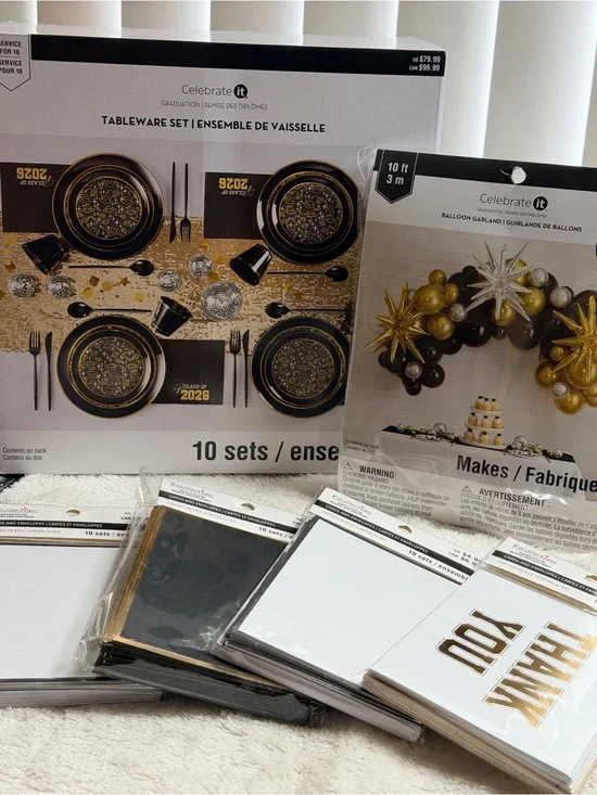 Celebrate It Black and Gold Graduation Party Tableware & Balloon Garland Set