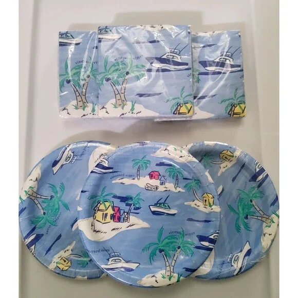 Vineyard Vines Boating Beach Vacation (30) Snack Plates, (30) Beverage Napkins