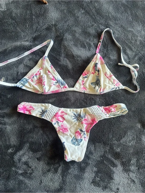 Frankie's Bikinis White Floral Pink & Blue Triangle Bikini Set