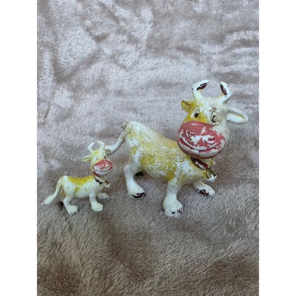 Vintage Cow and Calf Figurine Set Made in Hong Kong Yellow Red Kitsch Farmhouse