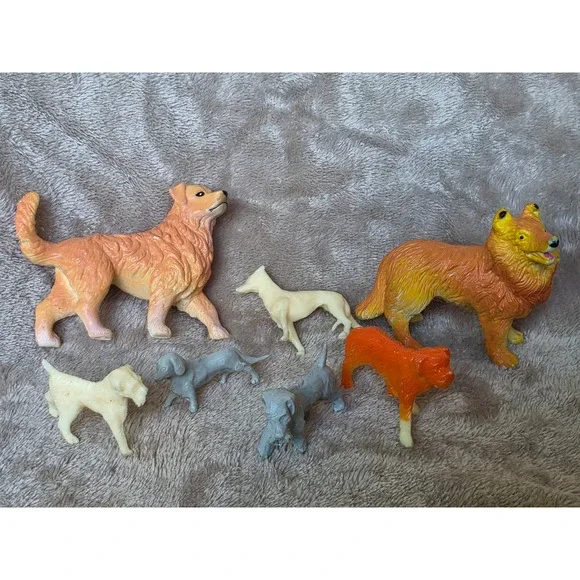 Vintage Plastic Dog Figurines Lot of 7 Golden Retriever Collie Greyhound Toys