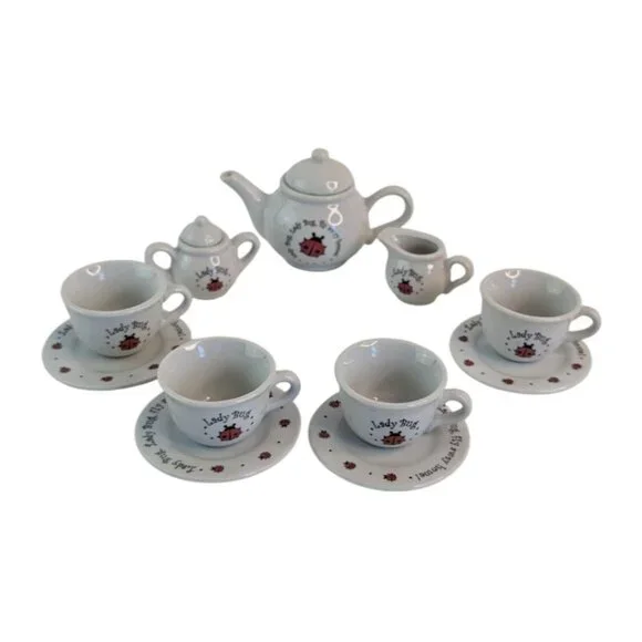 Schylling Childs Miniature Tea Set‎ Ladybug Fly Away Home Collectible White Red