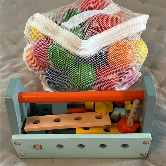 Colorful Wooden Tool Set for Kids and Plastic Balls
