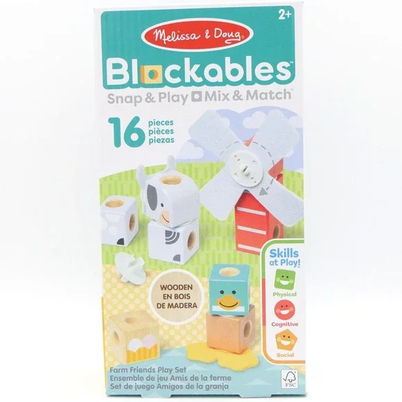 Melissa & Doug Blockables Farms Friends Play Set 16 Pc Snap & Play Wooden Blocks