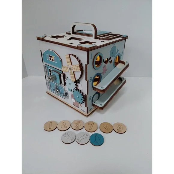 Boobo Toys Wooden Busy Development Activity‎ Cube Blue Undertones Size Medium