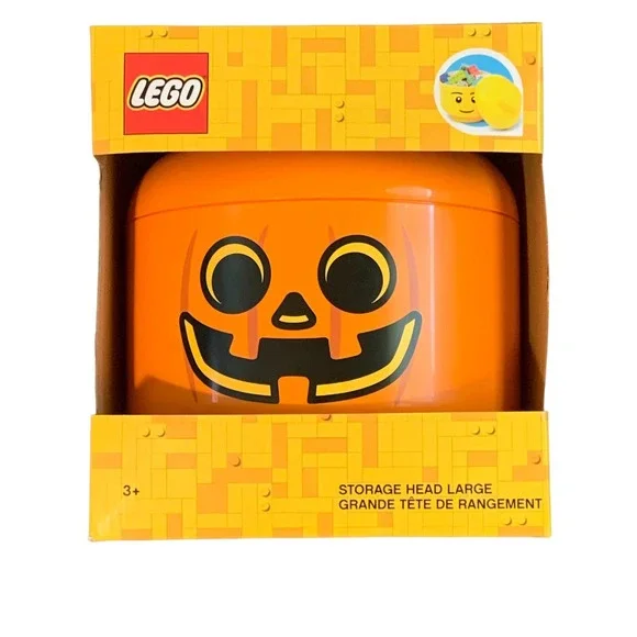 LARGE LEGO Halloween Orange Jack-O-Lantern Pumpkin Storage Head Container