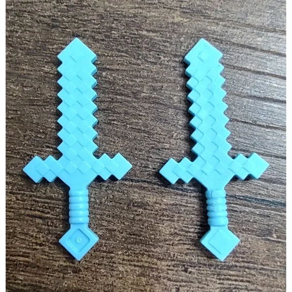 LEGO Minecraft Weapon Azure Blue Sword Pixelated Bumpy Squares Set Of 2