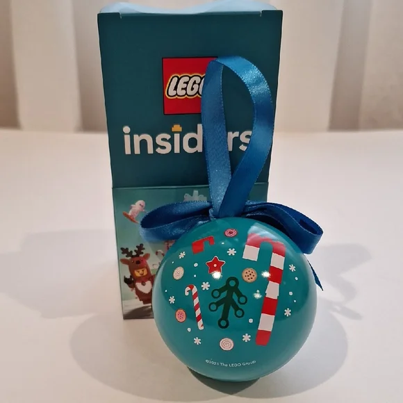 LEGO Teal Holiday Ornament Ball with Blue Ribbon and Candy Graphics