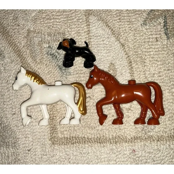 Lego Duplo Lot Of 3 Horse Horses dog White Brown Black Gold‎ Mane