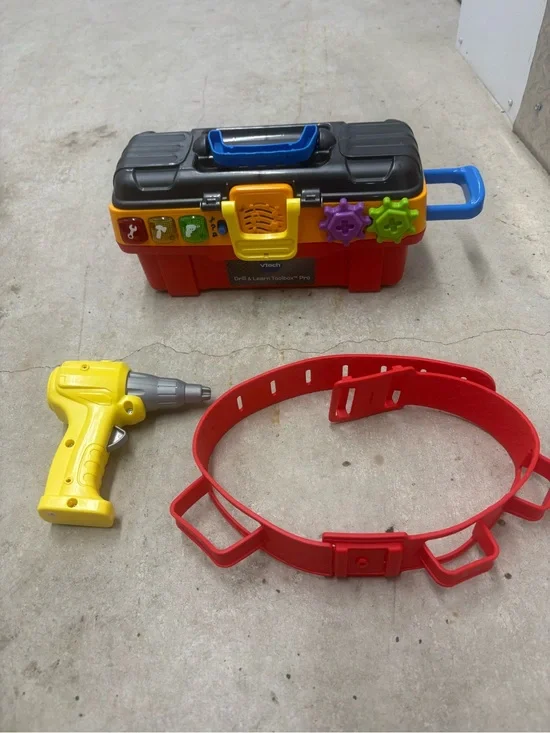 VTech Drill & Learn Toolbox Pro Pretend Play Tool Set w/ Toy Drill, Red Belt