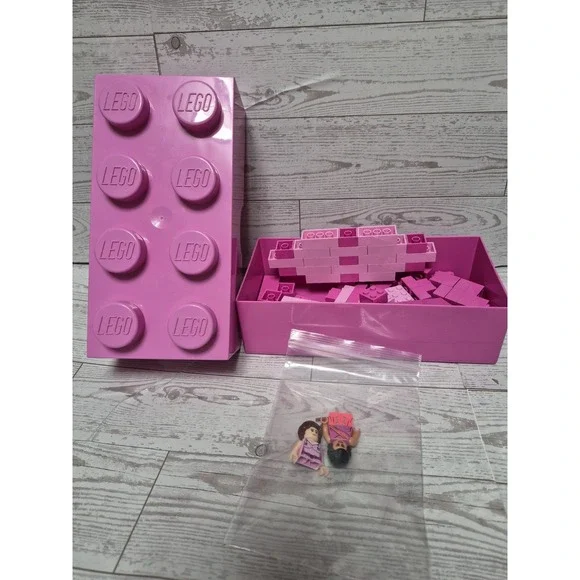 Pink Lego Bricks Container And 2 Figures