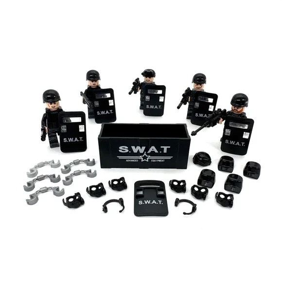 Battle Brick SWAT Police Minifigure Lot Weapons Shields Equipment Bin Custom