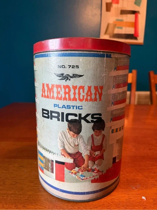 Vintage American Plastic Bricks Tin with Red Lid