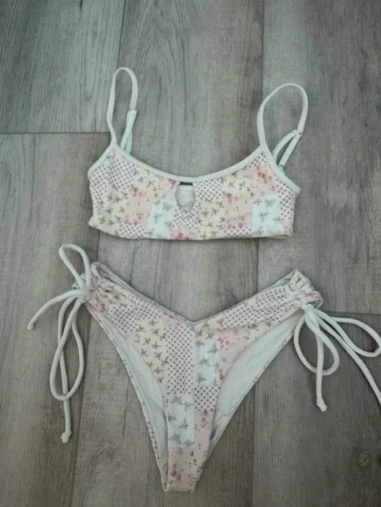 Frankie's Bikinis Pastel Pink & Cream Floral Triangle Bikini