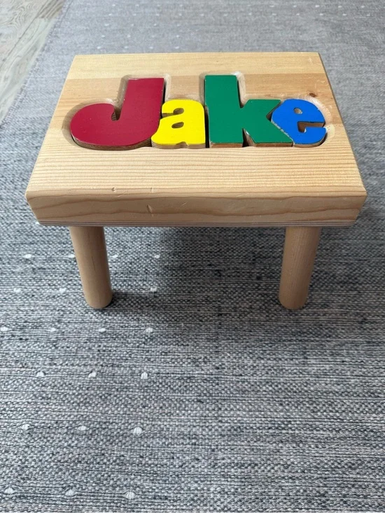 Wooden Name Puzzle Stool 'Jake' - Multicolor Letter Blocks